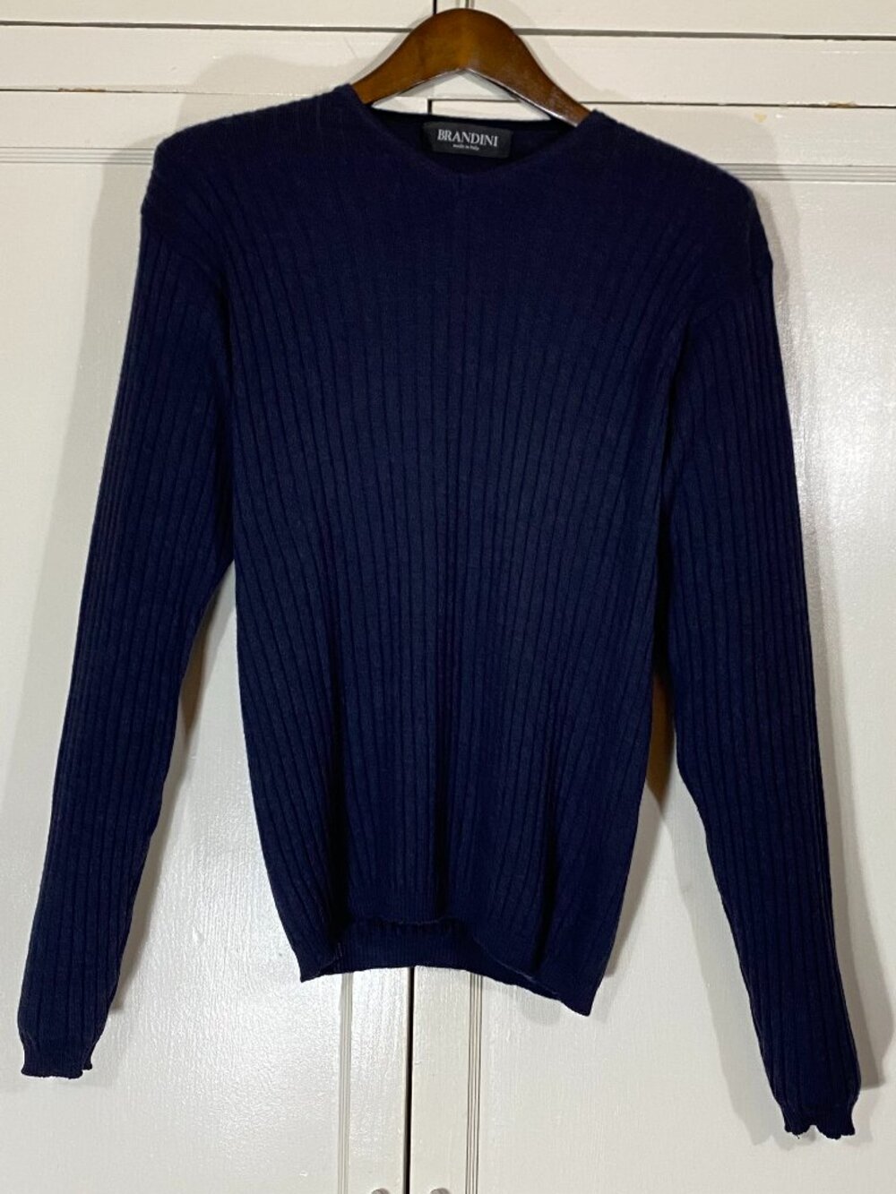 Vintage BRANDINI Italian Luxury Merino Wool Navy Rib Knit V-Neck Sweater Men's L